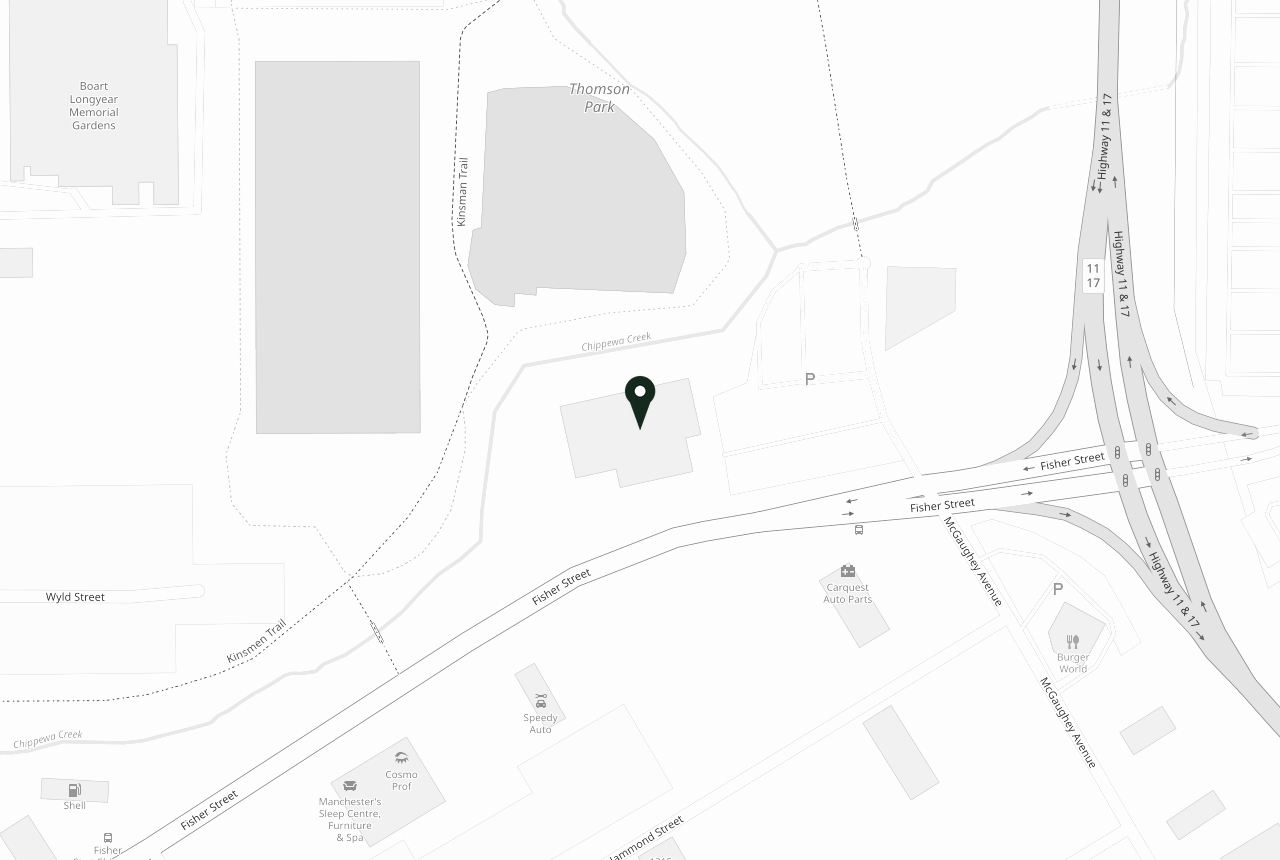 Street map showing Be Well Health Clinic at 1350 Fisher St. #117, North Bay, ON P1B 2H1, just off Highway 11 near Northgate Shopping Centre.